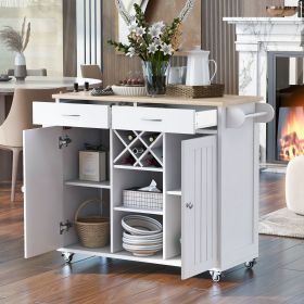 K&amp;K Store Kitchen Island Cart with Two Storage Cabinets and Four Locking Wheels; Wine Rack; Two Drawers; Spice Rack; Towel Rack (White)