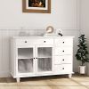 Double Door Kitchen Island with Lockable Wheels, Towel Rack, Storage Drawer and